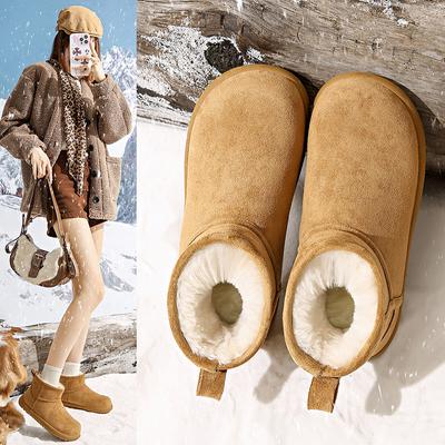Мягкий мех интегрированные сноубутсы женские зима 2025 новые короткие и простые низкие на толстой подошве и утолщенные ветрозащитные хлопковые туфли можно носить на улице