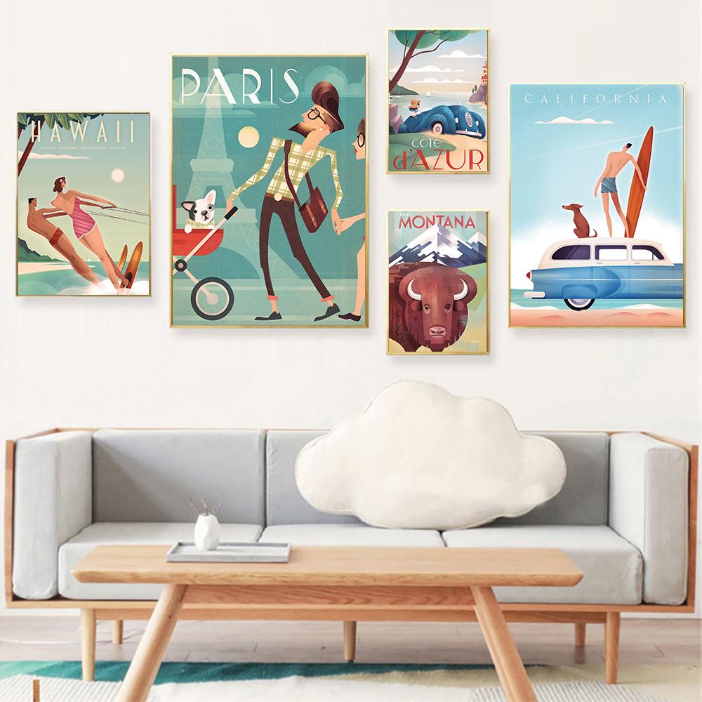 Винтажные всемирно известные достопримечательности, городские постеры и принты, Италия, Рим, Гавайи, холст, картина, настенная живопись для гостиной, домашний декор (с рамкой)