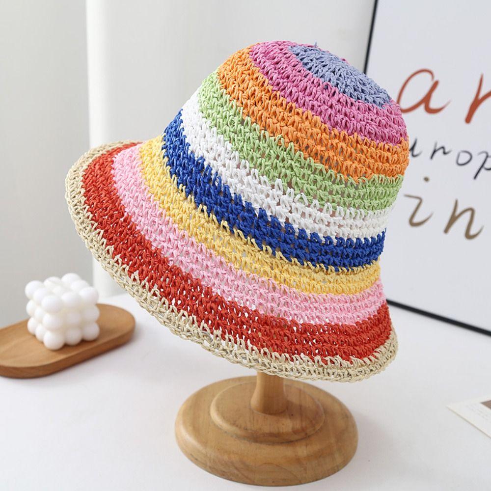 Visor Sunscreen Bucket Hat Crochet Beach Fisherman Hat Fashion Rainbow Straw Hat Girl
