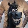 3D Digital Cartoon Style Funny Smiling Horse Pattern Crew Neck Short Sleeve T-shirt Summer Tops For Men Casual And Outdoors Wear