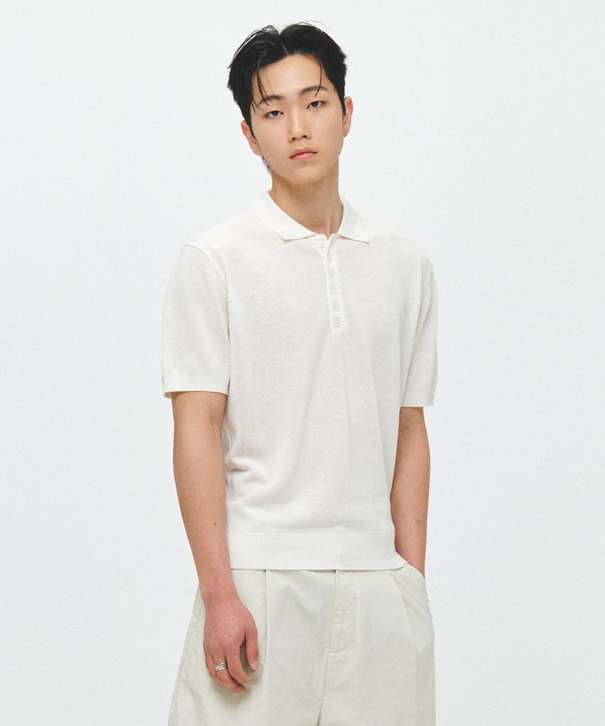ECORR Linen Henley Neck Collar Crop Short Sleeve Knit_Ivory
