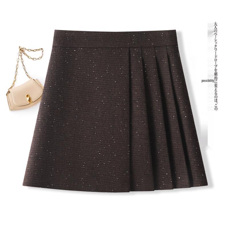 Autumn 2025 Women's High Waist Woolen Midi A-line Bodycon Pleated Skirt