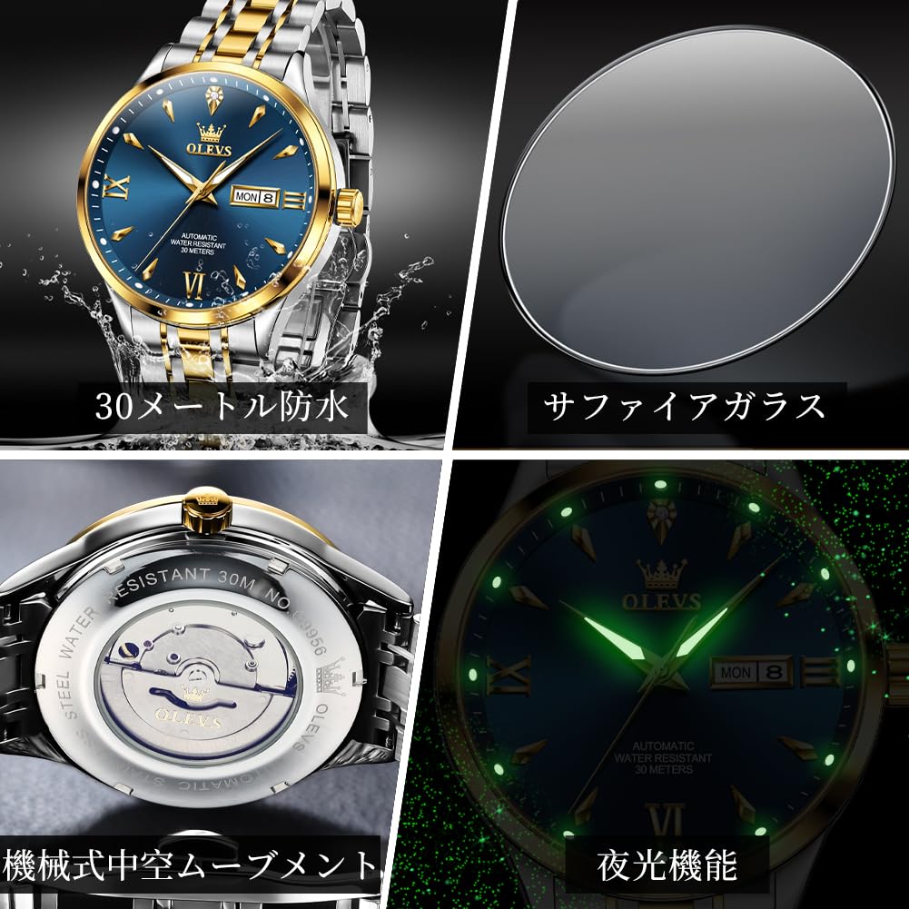 OLEVS Mechanical Movement Automatic Manual Winding Arm Clock Waterproof Luminous Date Stainless Steel Present Watch for Man Men's