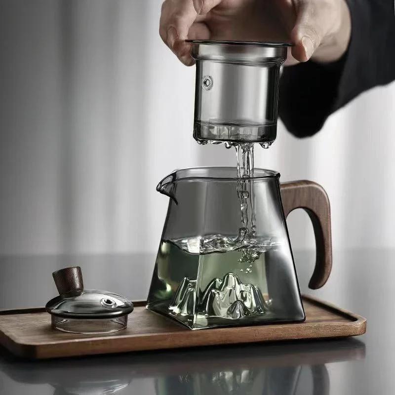 Жаропрочный квадратный прозрачный стеклянный китайский чайник для кунг-фу, бытовой чайник с деревянной ручкой и функцией разделения воды и чая, чайная утварь