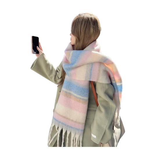 Winter Scarf Cashmere Feel Plush Scarf with Tassel Decoration Thickened Warm Plaid Pattern Winter
