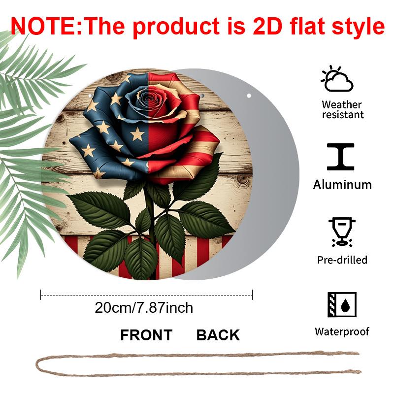2D Flat, 1pc Round Rustic Farmhouse Aluminum Wall Art - Patriotic Red White & Blue Rose Design with Vintage American Flag-Inspired Stars & Stripes