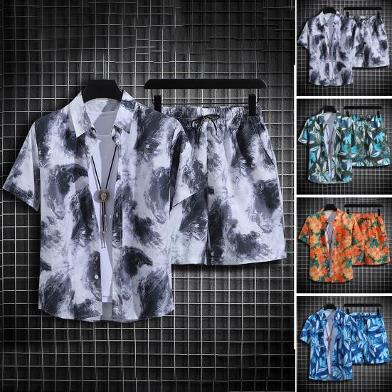 2 шт./комплект мужской пляжный наряд однобортная рубашка с лацканами и коротким рукавом эластичный шнурок на талии широкие шорты комплект