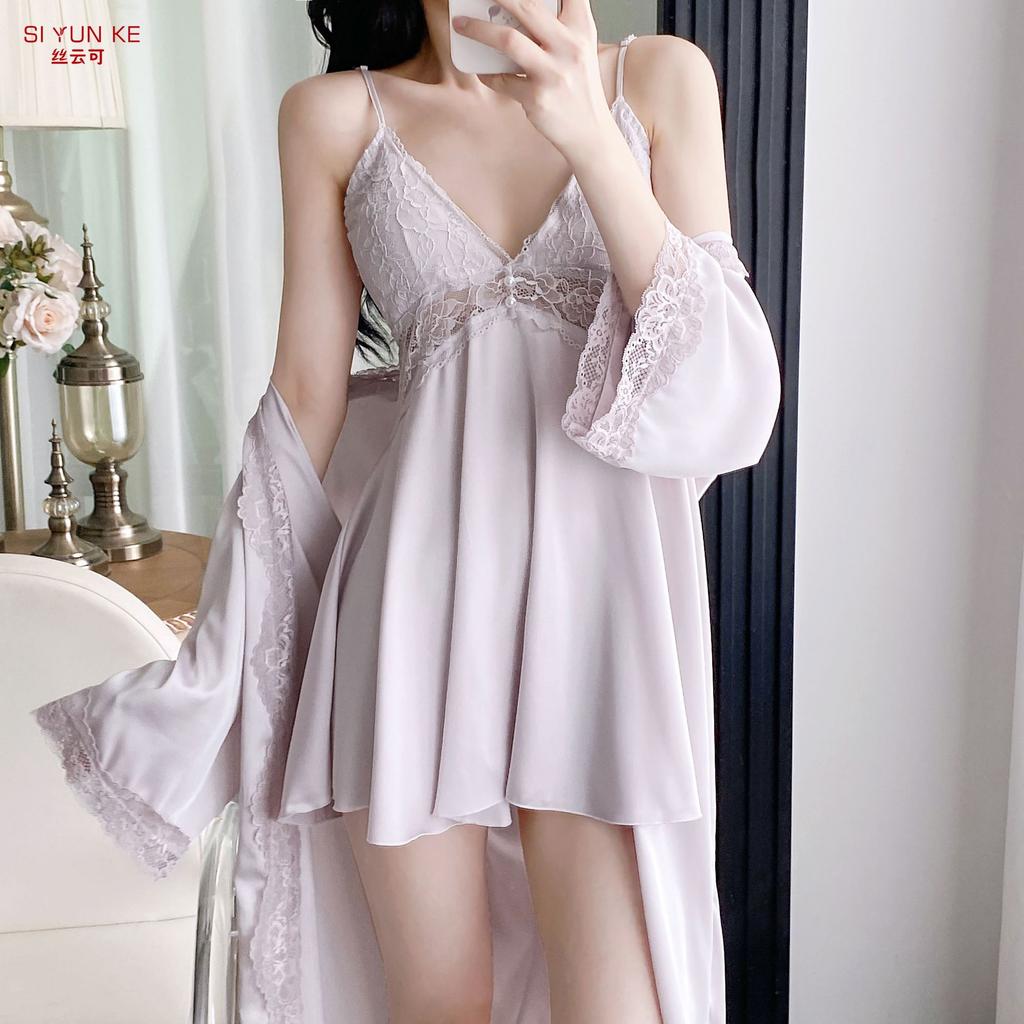 New light luxury ice silk suspender nightdress women's spring and autumn lace nightgown two-piece set pure desire wind sexy with chest pad home