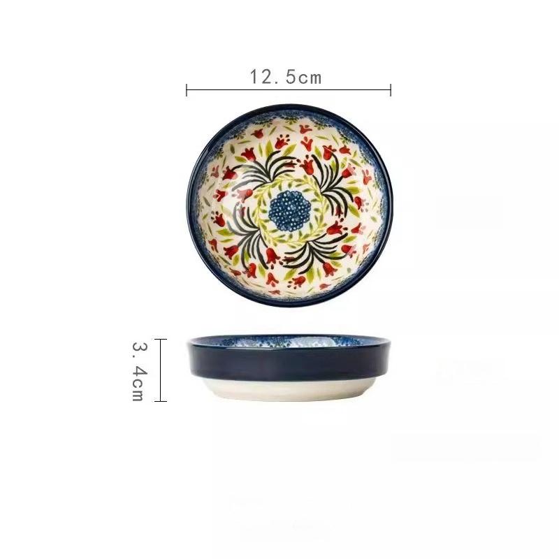 Расписанная вручную керамическая суповая миска с подносом для закусок, винтажный цветочный рельефный дизайн, можно использовать в микроволновой печи, большая ручка и толстое дно, идеально подходит для хлопьев, орехов