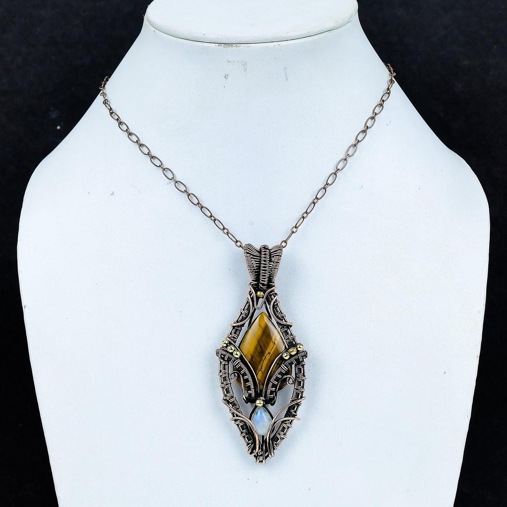 Tiger 's Eye & Moonstone 999 Copper Wire Wrapped Pendant, Handmade Gemstone Tree Of Life Pendant Jewelry, Gifts For Wife Brand New Pendant