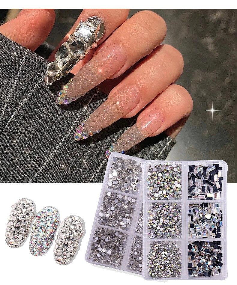 6 сеток/коробка, разные размеры, стразы с плоской задней стороной AB для ногтей, хрустальное стекло, драгоценные камни, ювелирные изделия с бриллиантами, аксессуары для украшения ногтей