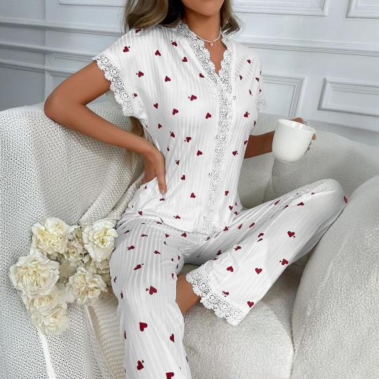 Women's Cherry Print Pajama Set Short Sleeve Button Front Top Long Pants Sleepwear Set Lace