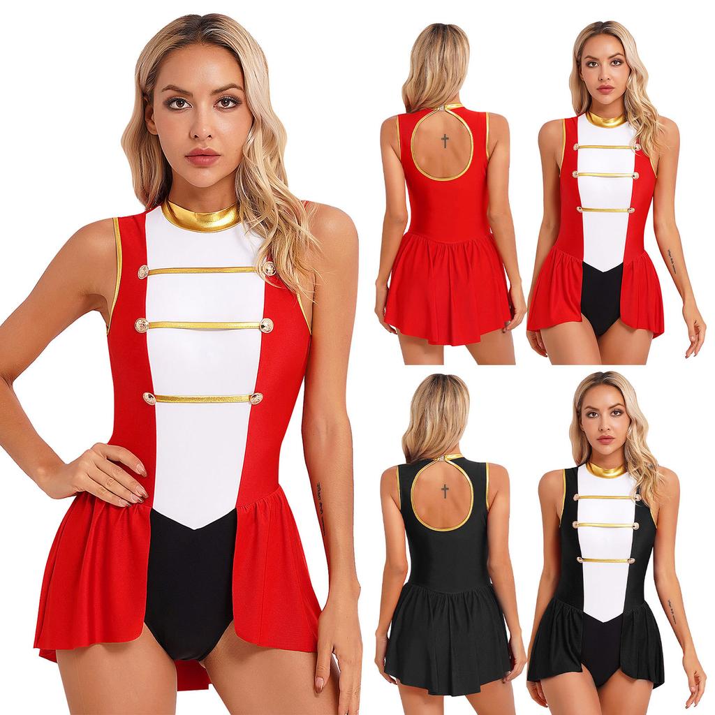 Women's Circus Ringmaster Halloween Costume Sleeveless Skirted Leotard Showman Jumpsuit