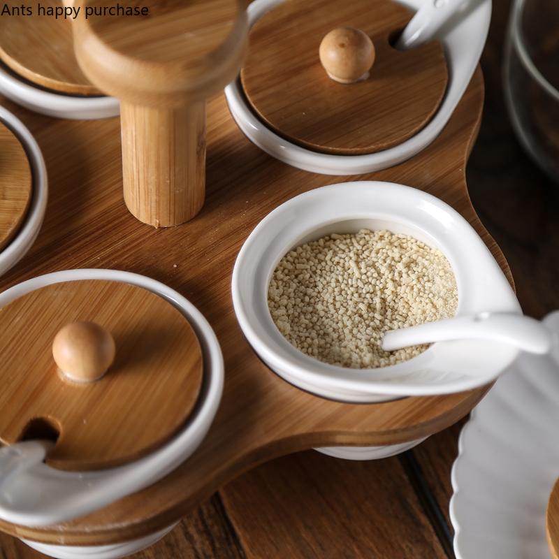 Керамическая банка для специй с пятью сетками, вращающаяся деревянная полка, белая банка для специй, набор из пяти предметов, кухонная коробка для приправ, контейнер для приправ