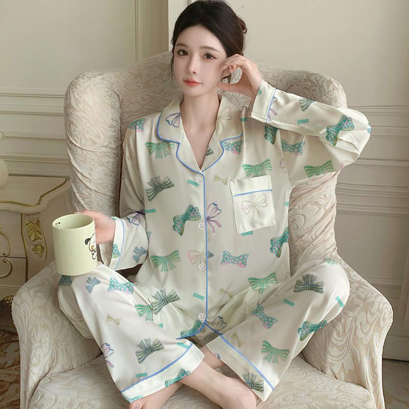 Sweet Bow Print Spring And Autumn Thin Long-Sleeved Suit Cardigan Pajamas Women'S Loungewear Can Be Worn Outside