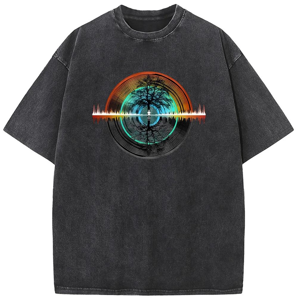 Women's Colorful Vinyl Music Short-Sleeved Shirt Hip Hop Streetwear Men Washed T-shirts Hot Sale Student Top T-shirts