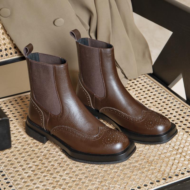 Модные женские ботинки из натуральной кожи, зимние слипоны, резные броги, ботинки челси, на толстом каблуке, ботильоны, женская обувь в британском стиле