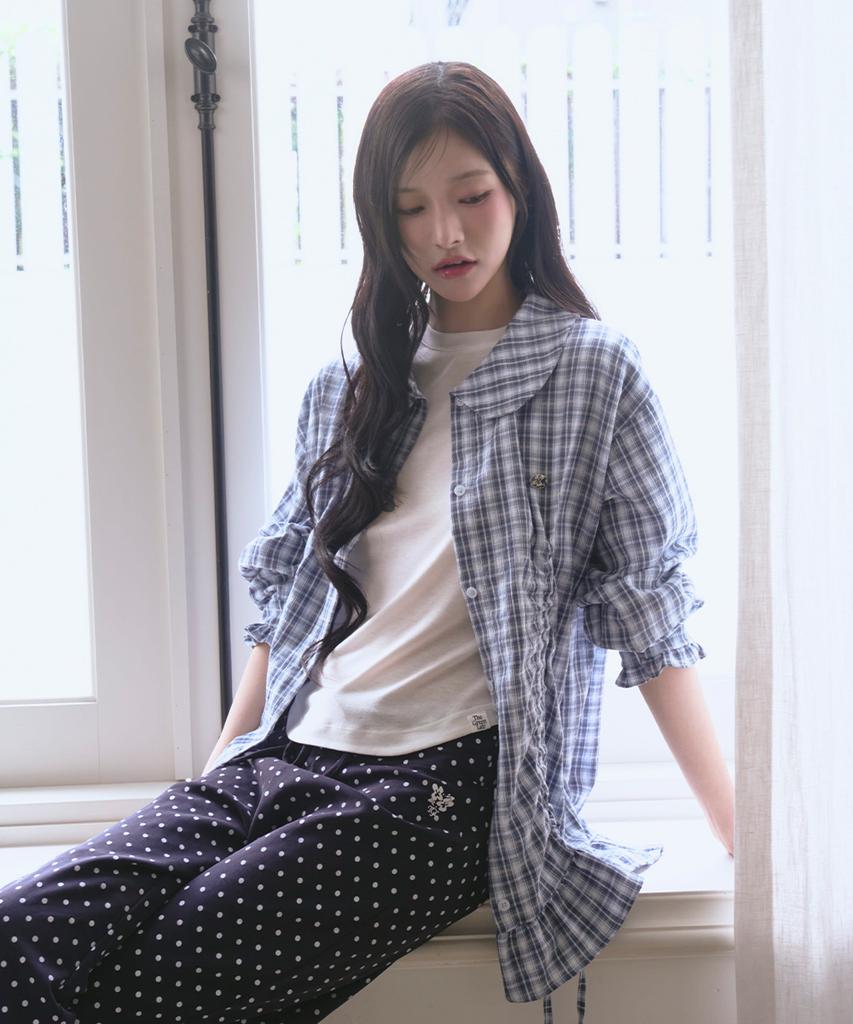 THE GREEN LAB Lovely Collar Check Frill Long Top [Blue]