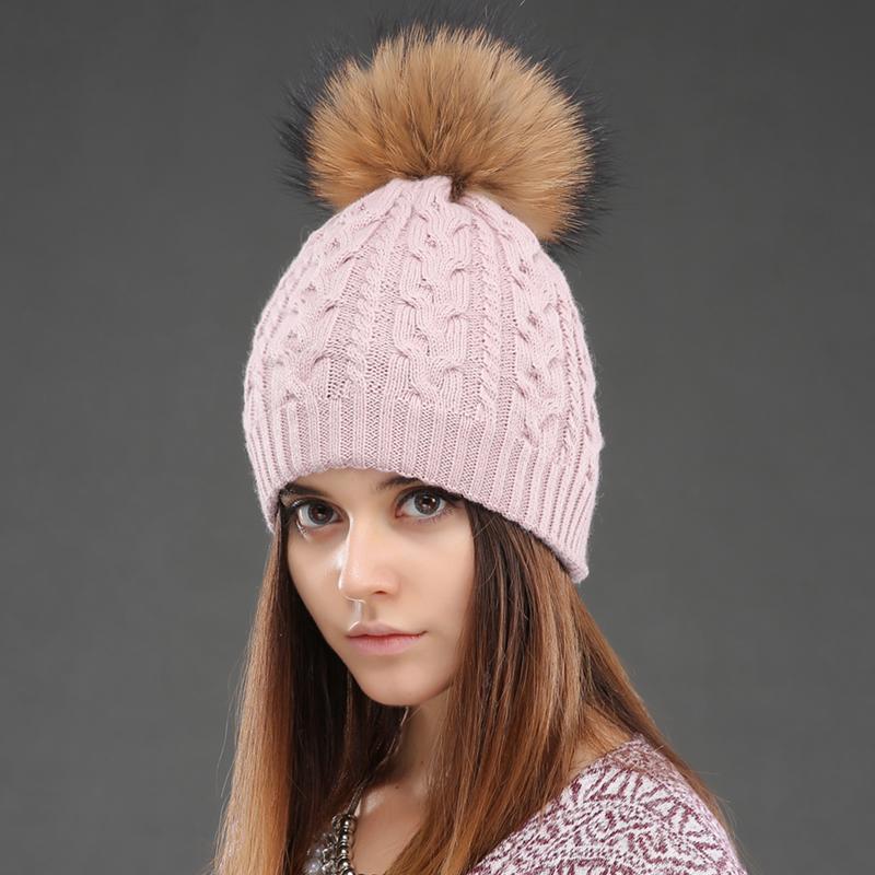 Women Double Layer Knitted Hats Winter Warm Beanies Wool Hat With Pompom Natural Fur Raccoon Fashion Female Cap