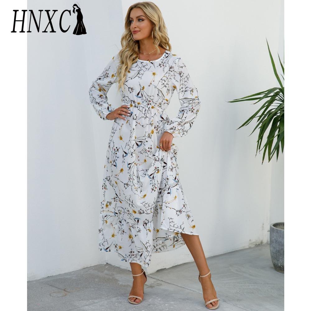HNXC Весна Лето Богемный Женское Макси Платье Повседневный Длинный Рукав Высокая Талия Пляжное Платье Женские Цветочные Шифоновые Платья Vestidoes Mujer Новинка