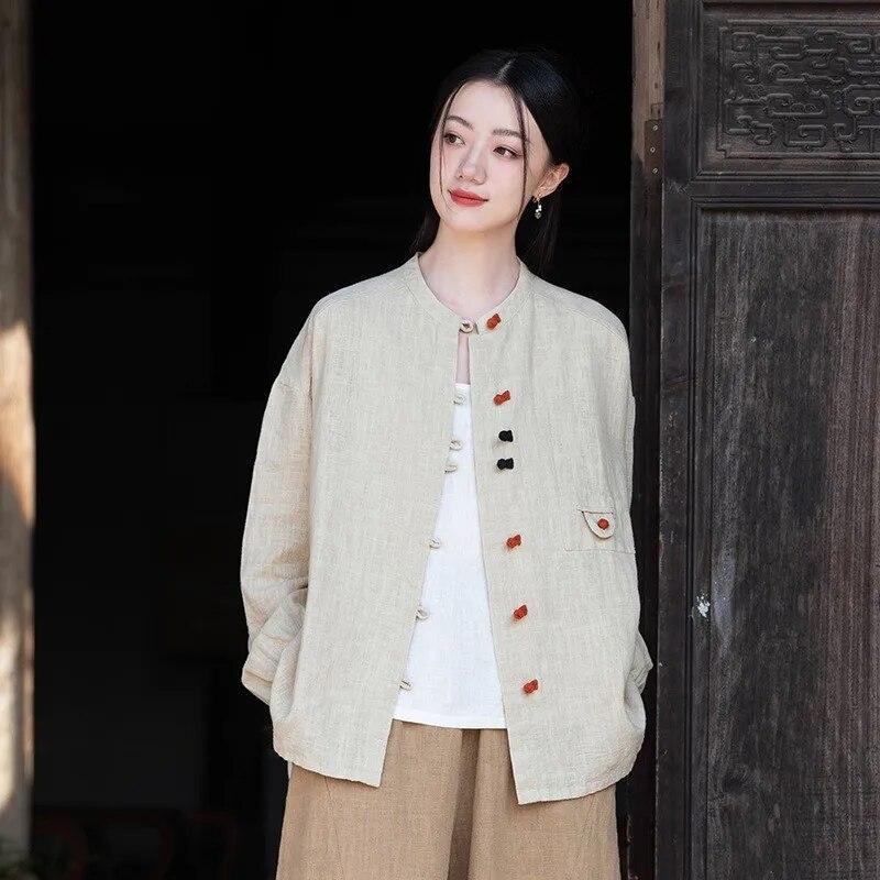 Johnature Women Chinese Style Shirts Tops Button Long Sleeve Autumn Blouses Patchwork Vintage Stand Shirts