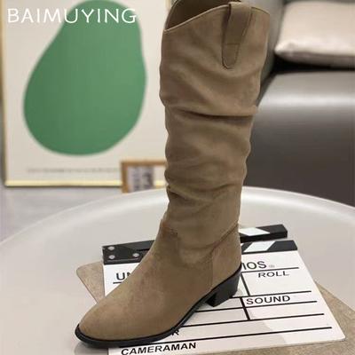 Заостренный носок женские высокие сапоги замшевые зимние туфли на среднем каблуке дизайнерская обувь 2025 тренд массивные туфли-лодочки до колена классические челси Botas Mujer