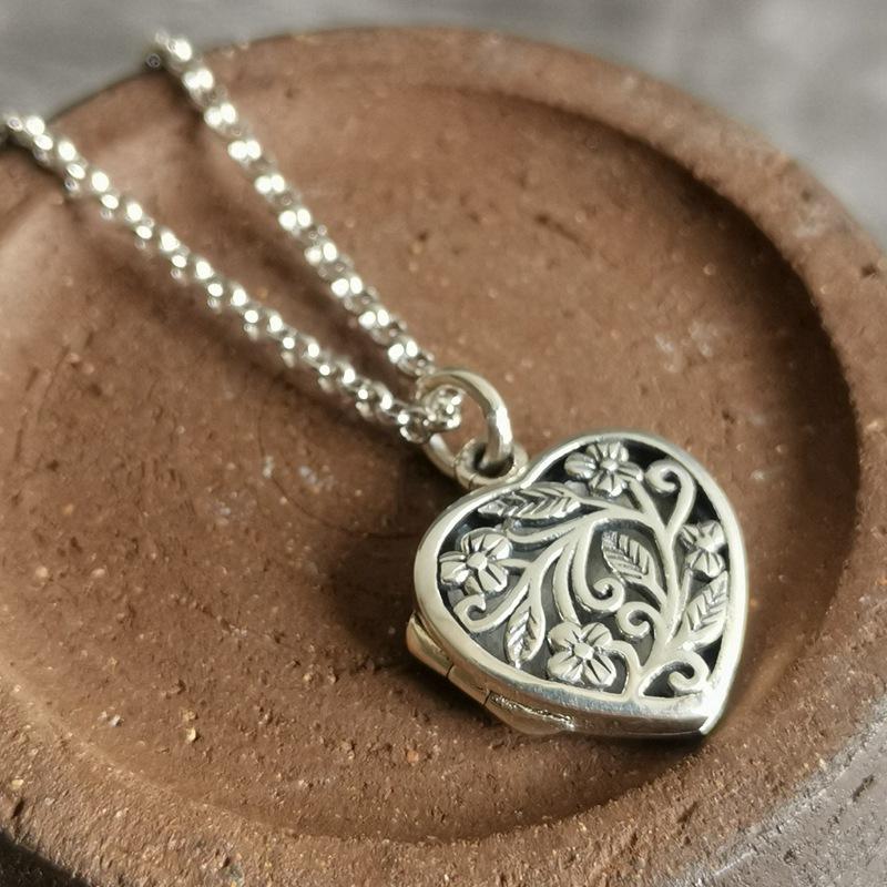 Серебро 925 пробы полый ветка дерева блеск сердцевидные ожерелья Можно открыть кулон ретро этнический стиль килевая цепь тонкие украшения