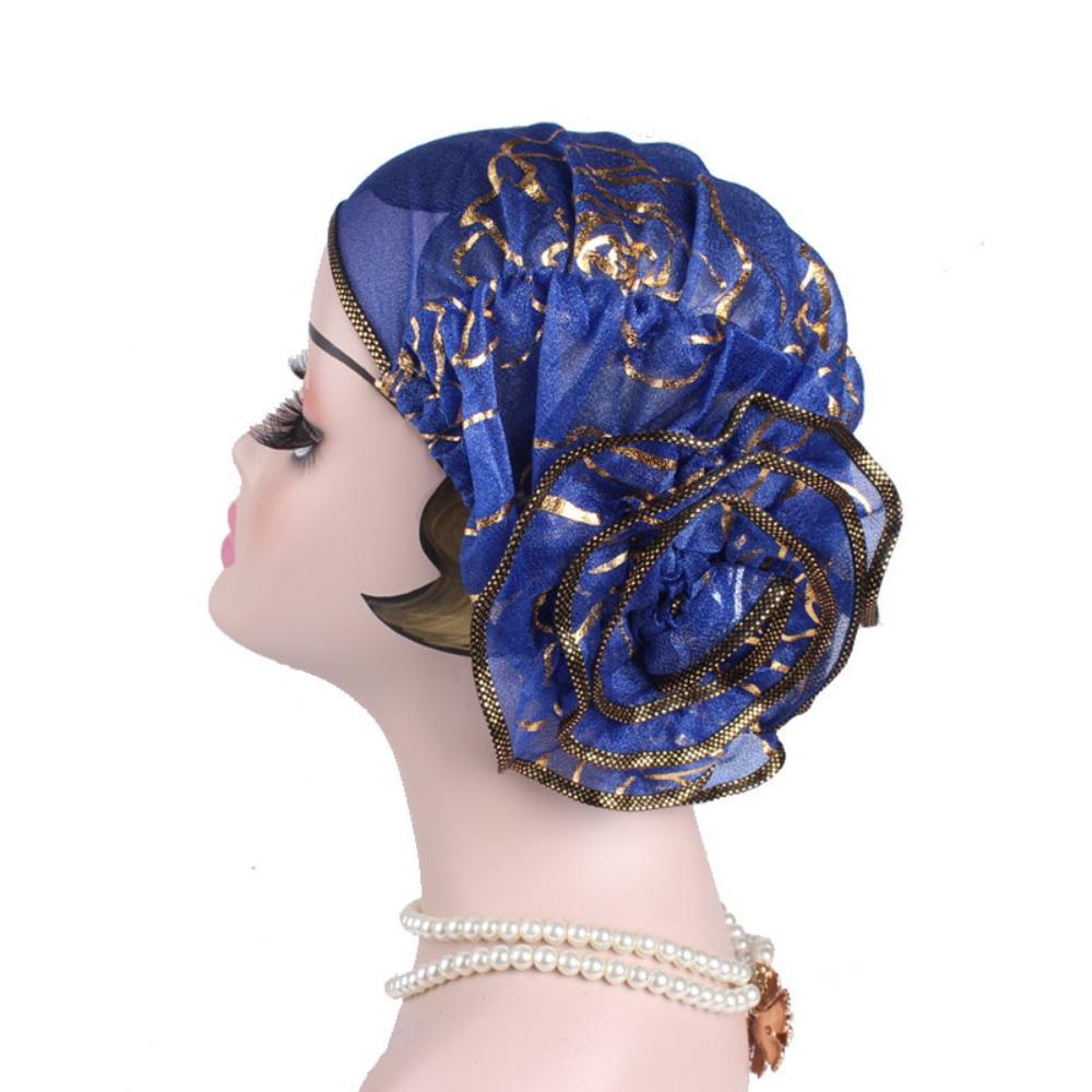 Bronzing Flower Women's Hat Elastic Casual Hair Bonnets African Turban Caps Four Seasons