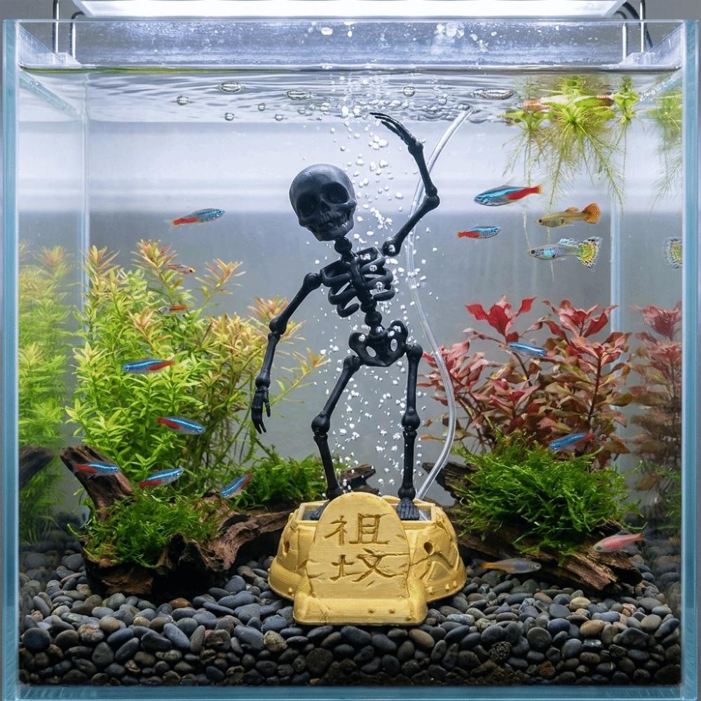 Gothic Dancing Skeleton Aquarium Bubbler 3D Printed Water Dance Skull Halloween Decor