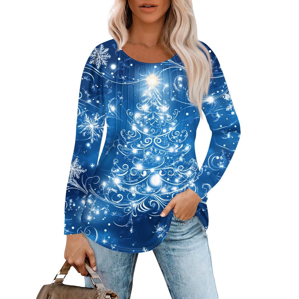 Женская повседневная футболка с круглым вырезом и длинными рукавами с рождественским принтом и складками