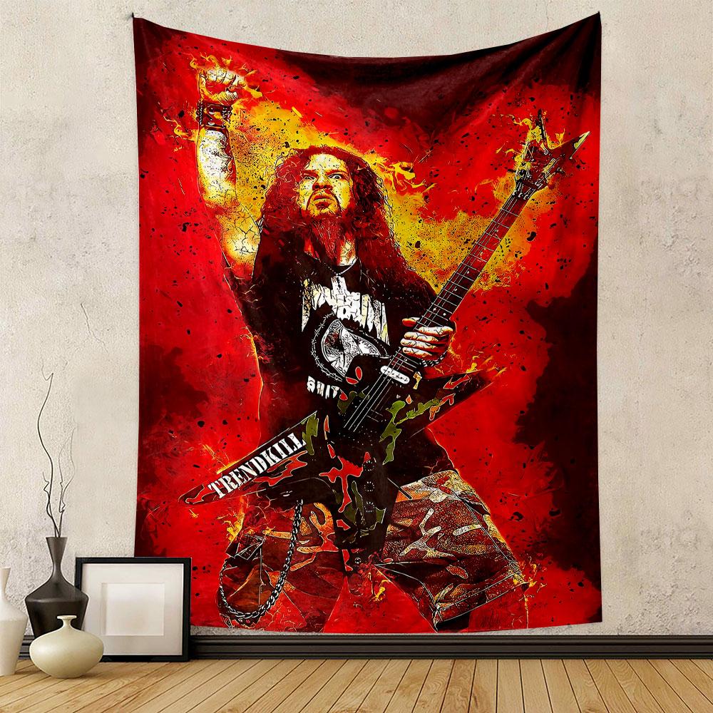 A fiery red and orange background with a guitarist raising a fist. Patterned tapestry for bedroom and living room home decor