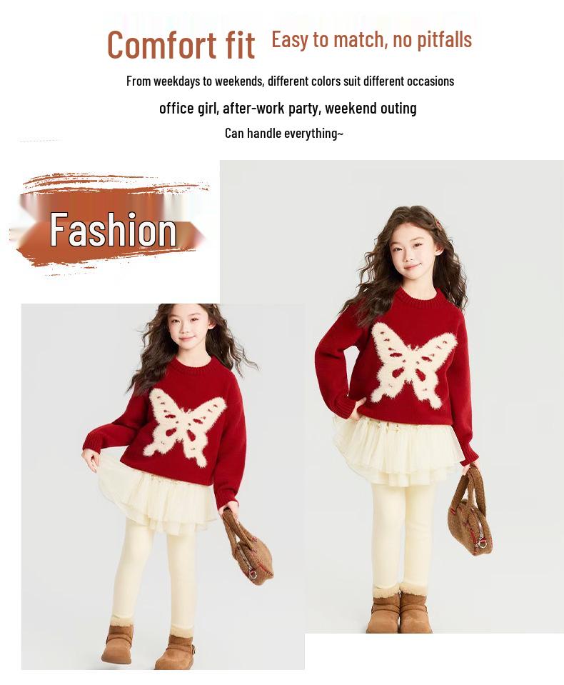 Girls' Winter Mink Velvet Butterfly Sweater - New Year Red Knit Pullover 2026