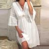 Women's Fashion Lace V-Neck Hollow Lace Flared Sleeve Gown Dresses