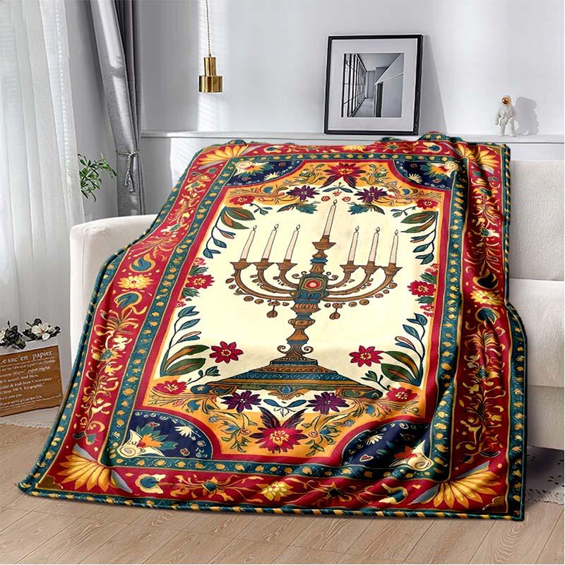 Nine Candles Menorah Embedded Star David Gradient Burgundy Soft Flannel Throw Blanket Jewish Hanukkah Religious Sofa Bed Warm Decor Cover