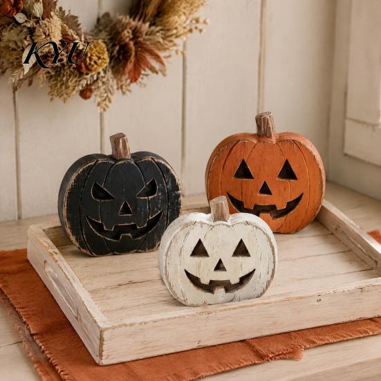 Spooky Holiday Tabletop Accents 3Pcs Halloween Pumpkin Decor, Rustic Face Wooden Block Autumn Theme Party Decor Ornaments, Farmhouse Desktop Craft for