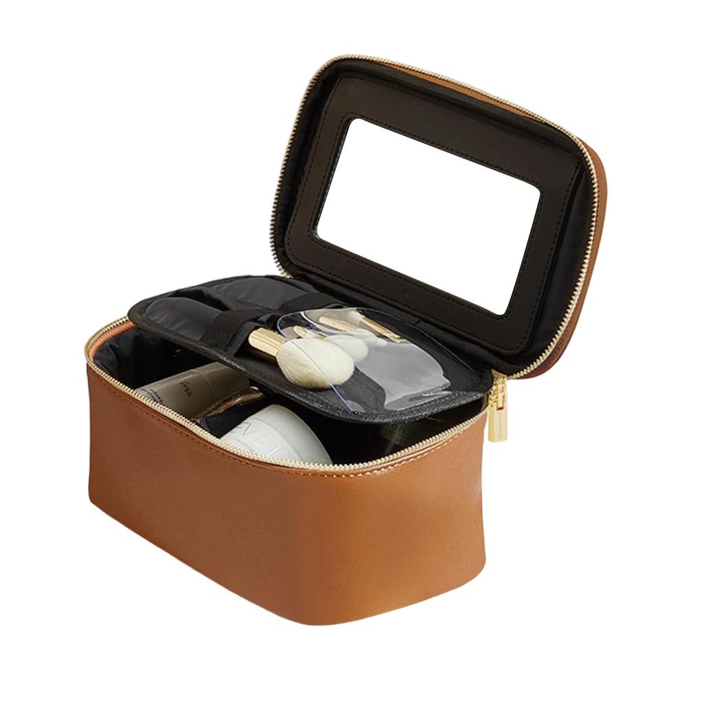 Large Capacity Makeup Pouch with Cosmetic Multifunctional Tote Storage Wide Mouth Makeup Box with Small Travel Vanity Brown Mirror, Bag, Bag, Bag,