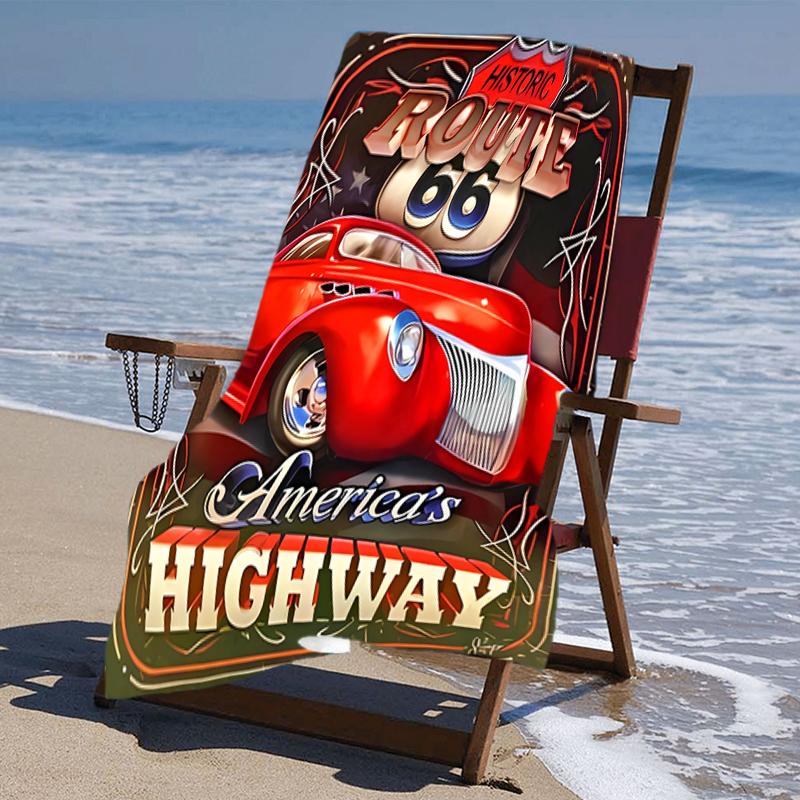 proof beach towel with a U.S. Route 66(0) pattern - soft,absorbent,quick-drying,machine washable - perfect for swimming,camping,bathing
