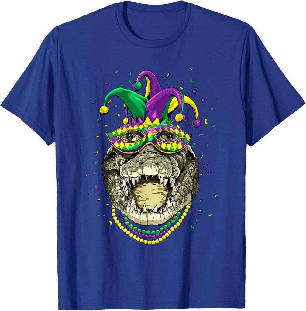 Аллигатор Mardi Gras Шляпа Бусы Графика Мужская Хлопковая Повседневная Футболка с Коротким Рукавом