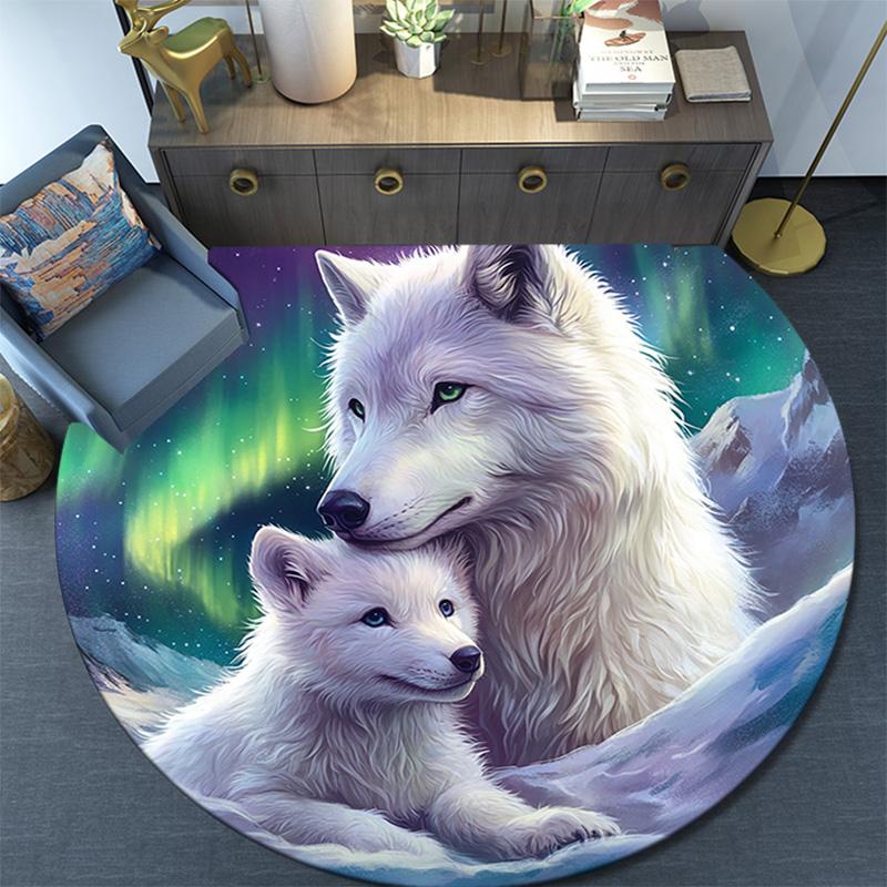 White Wolves Round Area Rug,Carpet Rug for Living Room Bedroom Sofa Playroom Decor,Non-slip Floor Mat