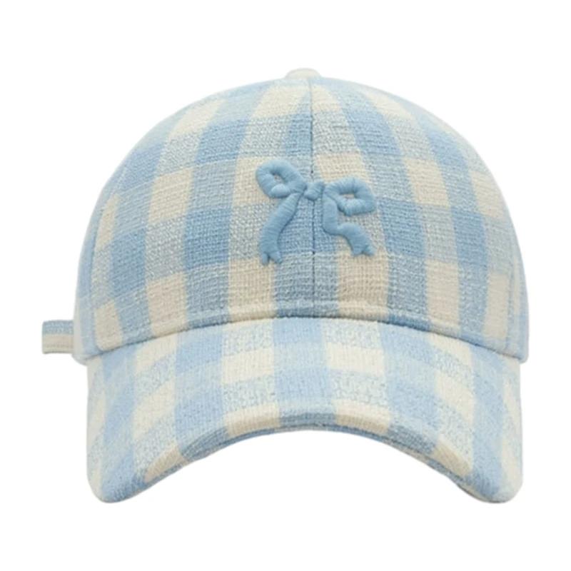 Бейсболка с вышитым бантом в клетку для женщин, корейские универсальные милые хип-хоп-шляпы с бантом, для отдыха на природе, для путешествий, пляжа, солнца