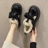 Big Head Bow Black Velvet Small Leather Shoes Women'S Winter British Style Japanese Warm Thick-Soled Mary Jane Cotton Shoes