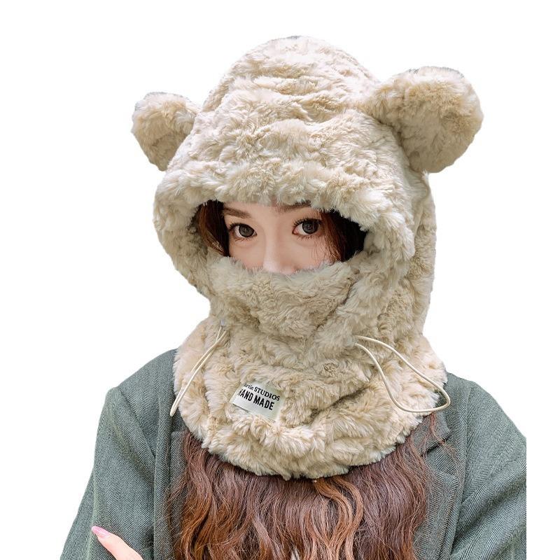Korean Version of Cute Thick Plush Bear Hat Scarf Mask Integrated In Winter Warmth and Cold Riding Ear Protection Hat Trend