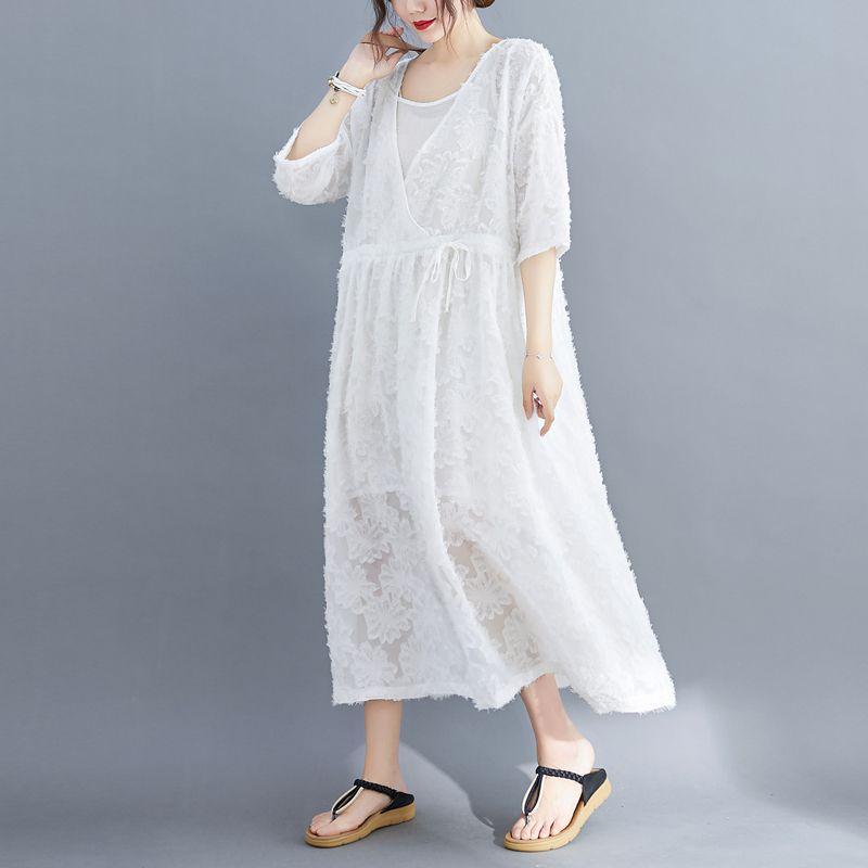 Women Plus Size Lace Dress Summer Flower Embroidery Two-piece Set Loose Oversized Long Dresses