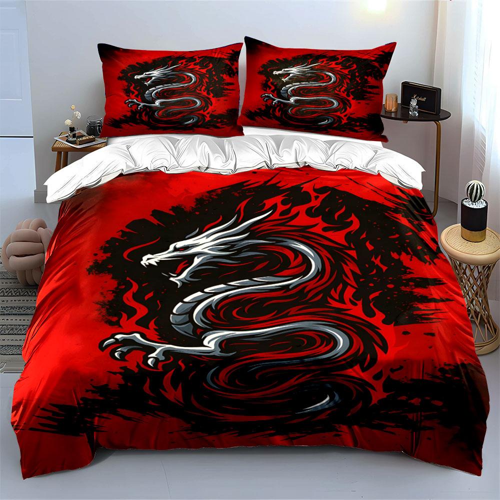 Silver dragon, red flames. Bedding sets Duvet cover sets Duvet covers Pillowcases(1 * Duvet Cover 2 * Pillowcases without duvet insert)