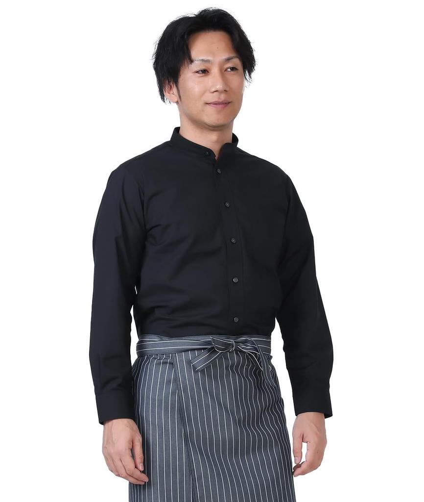 Seven Uniform GH7021-9 Black Medium Long Sleeve Stand Collar Shirt, Oxford Cloth, Restaurant Uniform