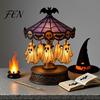 Creepy Halloween Table Light Ghost Carousel Light, Night Gothic Stained Glass Shade Witchy Room Decor with Floating Ghosts/Pumpkins, Spooky