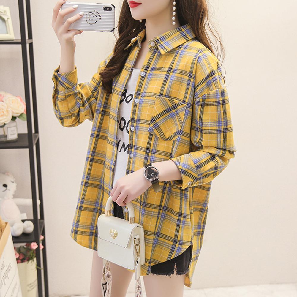 Lattice Print Blouse Women Long Sleeve Turn Down Collar Button T Shirts Tops