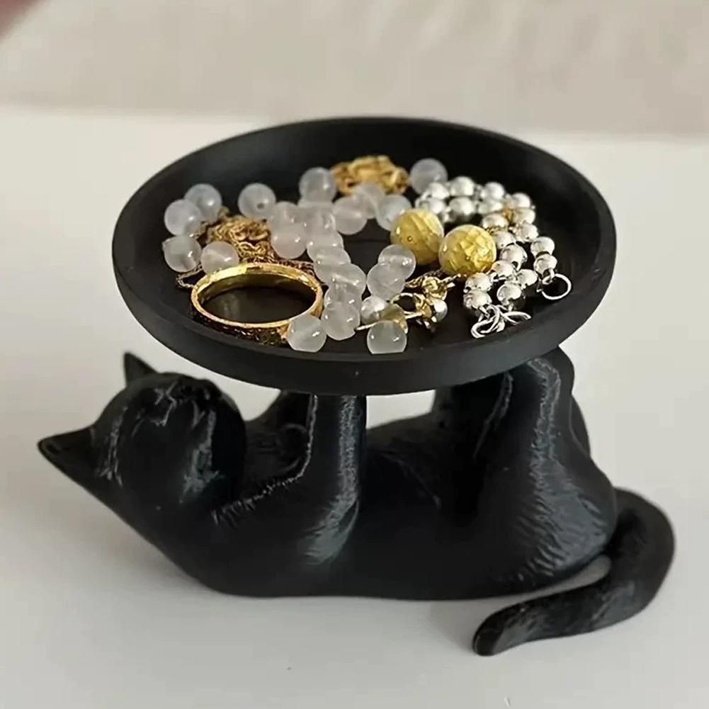 3D Printed Fun Cat Jewelry Tray, Playful And Cute Cat Design, Novel Style, Ideal For Desktop Organization Black/White