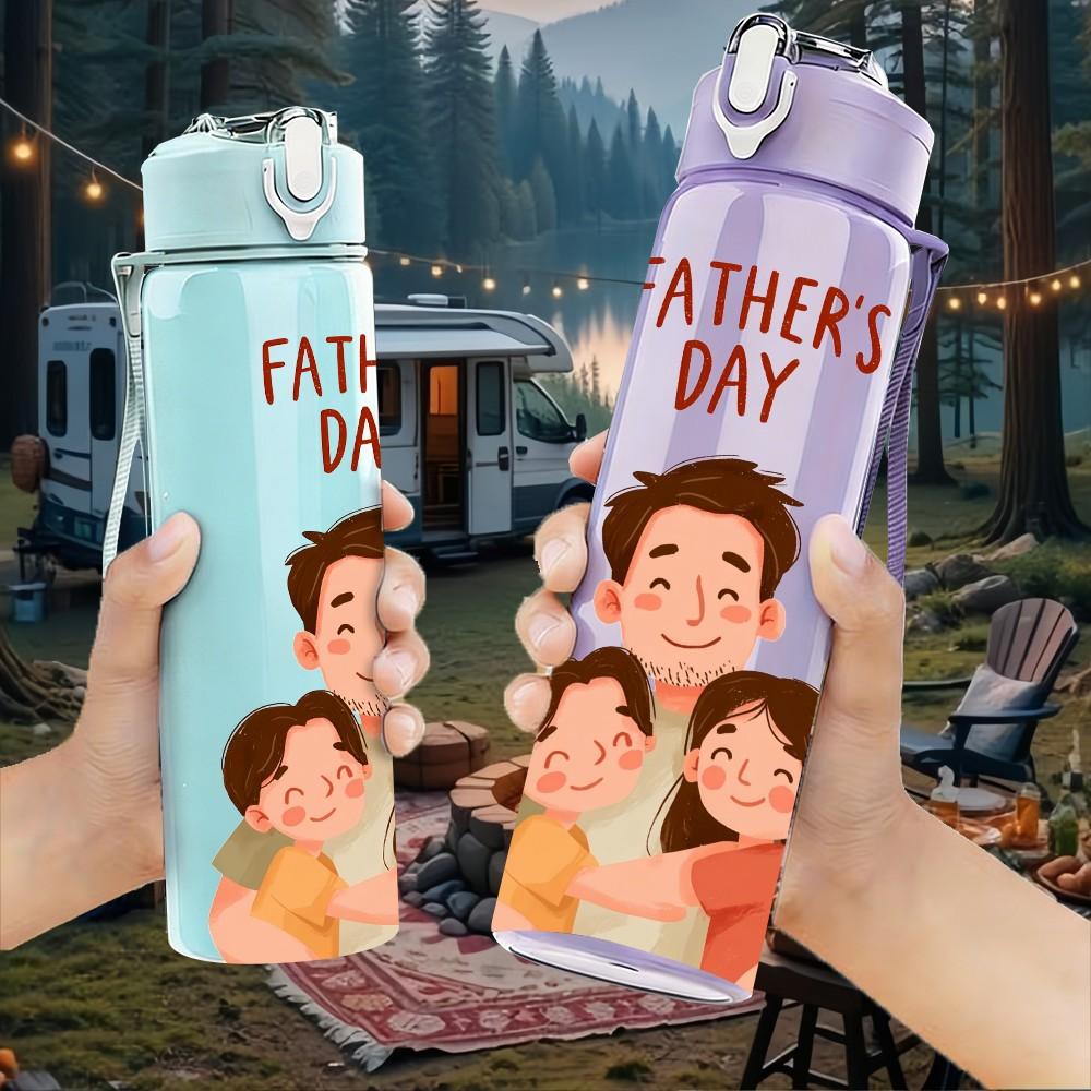 1PC Fathers Day Family Portrait Cartoon Print 750ml Color Plastic Sports Water Bottle Leakproof Flip Straw Lid Suitable for Sports Office Home Use