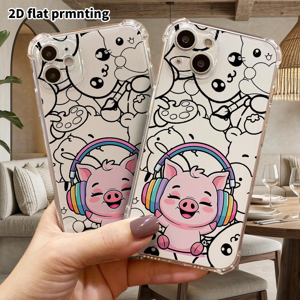 Phone case: 2D flat, suitable for iPhone 18 17 16 15 14 13 Pro protective case, little pig earphones, perfect Christmas and Halloween holiday gift